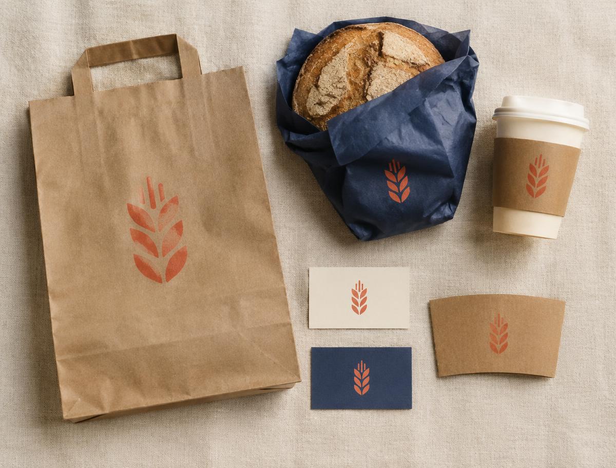 Concept bakery branding on kraft bag, navy tissue, cup sleeve and business cards