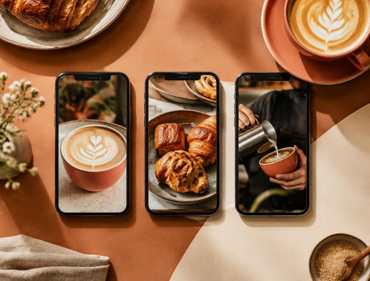 Concept café social media posts on three phone screens